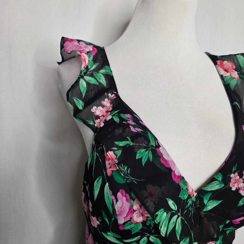 GUESS Ruffled High-Low Sleeveless Maxi Dress Black Pink Floral Size 10 - Picture 6 of 14